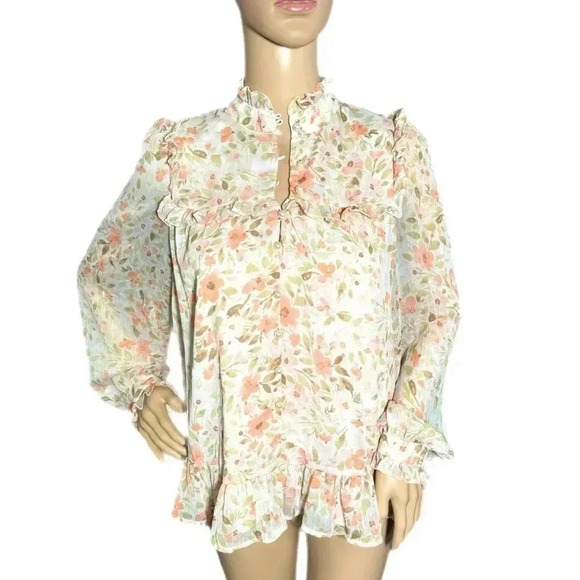 CeCe Floral Lace Blouse Pink Long Sleeve Top Feminine Mock Neck Pearls Small - Picture 2 of 10